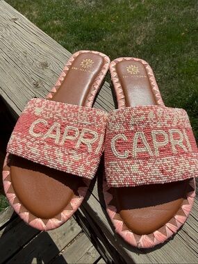 Beaded And Real Leather Slide Sandals - Pink/Tan
